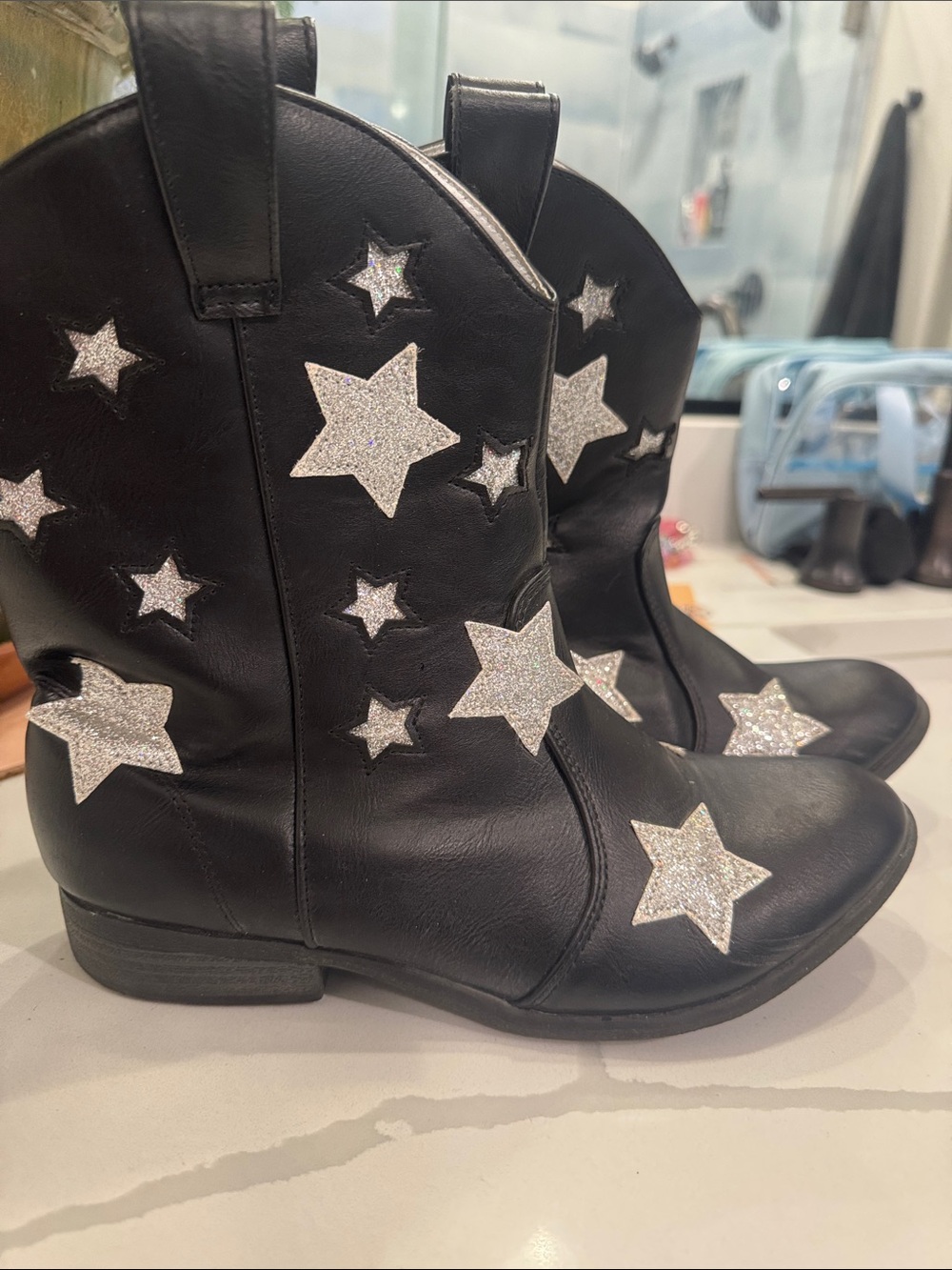 Dream Pairs Black Kids Western Boots with Silver Star Accents